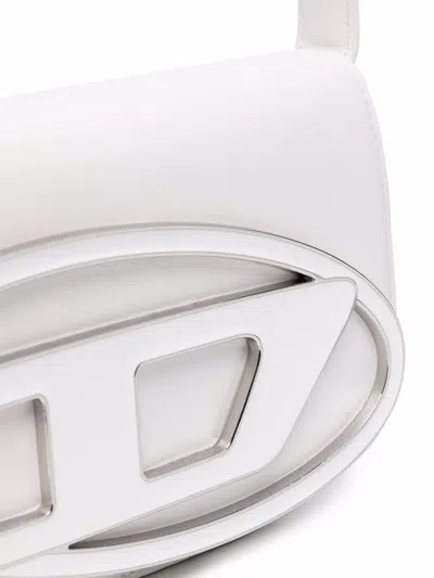 Diesel Structured White Handbag With Metallic Logo Accent In Gold