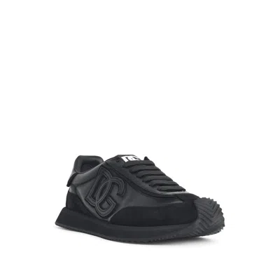 Dolce & Gabbana Round Toe Leather Sneakers With Suede Accents In Black