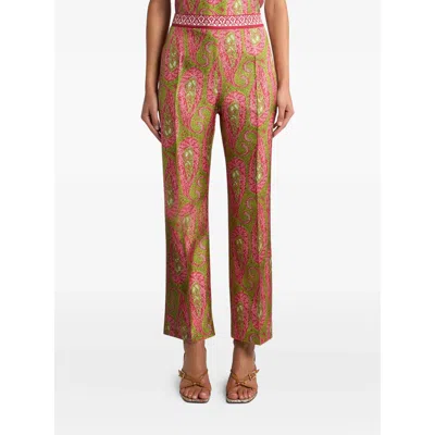 Etro Paisley Foliage Trousers Contrasting Waistband Straight Leg In Multi