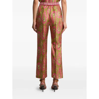 Etro Paisley Foliage Trousers Contrasting Waistband Straight Leg In Multi