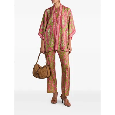 Etro Paisley Foliage Trousers Contrasting Waistband Straight Leg In Multi