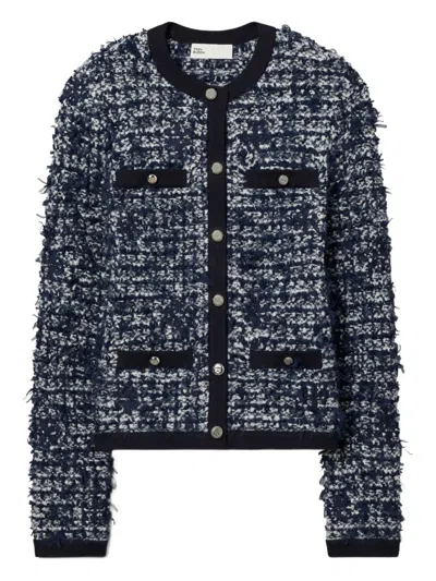 Tory Burch Kendra Tweed Button Cardigan In Blue