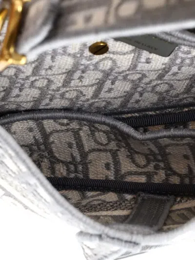 Pre-owned Dior Saddle Handbag Logo Embroidered Oblique Canvas Medium Shoulder Bag In Gray