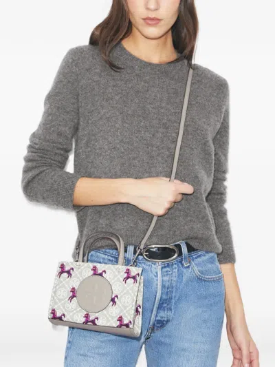Tory Burch Mini Ella Horse-pattern Logo Tote In Gray