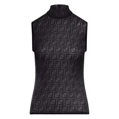 Fendi Women Black Crewneck Sleeveless Top With All-over Ff Motif And Rear Zip Closure In Tech Fabric