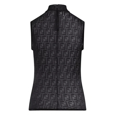 Fendi Women Black Crewneck Sleeveless Top With All-over Ff Motif And Rear Zip Closure In Tech Fabric