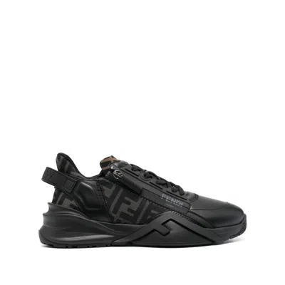 Fendi Men Leather Flow Sneakers With Ff Jacquard Fabric Inserts In Black