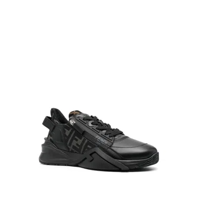 Fendi Men Leather Flow Sneakers With Ff Jacquard Fabric Inserts In Black