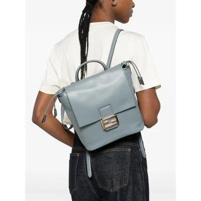 Fendi Leather Backpack Adjustable Straps Drawstring Top Handle In Blue