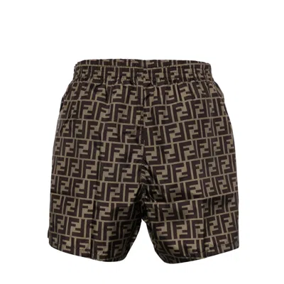 Fendi Tech Fabric With All-over Ff Pattern Swim Shorts In Brown