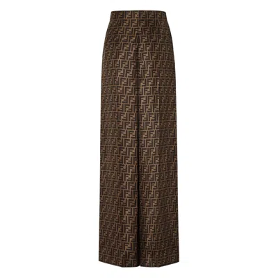 Fendi Ff Silk Twill Wide Leg Pants In Brown