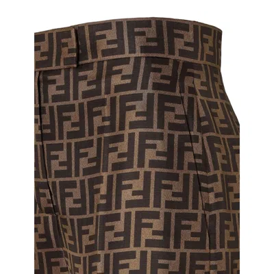Fendi Ff Silk Twill Wide Leg Pants In Brown