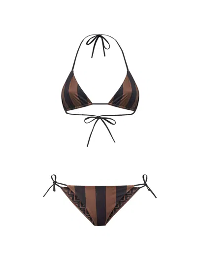 Fendi Women Brown Reversible Bikini With Adjustable Tie Closure And All-over Stripe Motif In Tech Fa In Brown