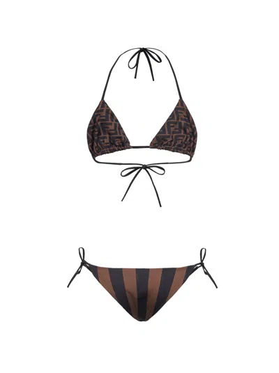 Fendi Women Brown Reversible Bikini With Adjustable Tie Closure And All-over Stripe Motif In Tech Fa In Brown