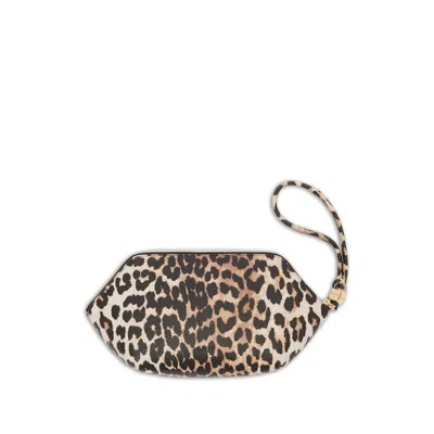 Ganni Leopard Print Wristlet Make Up Bag In Brown
