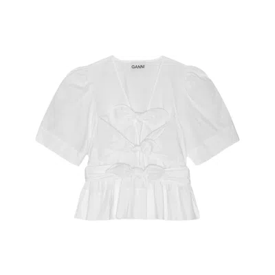 Ganni Tie-front Organic Cotton-poplin Peplum Blouse In White