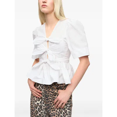 Ganni Tie-front Organic Cotton-poplin Peplum Blouse In White