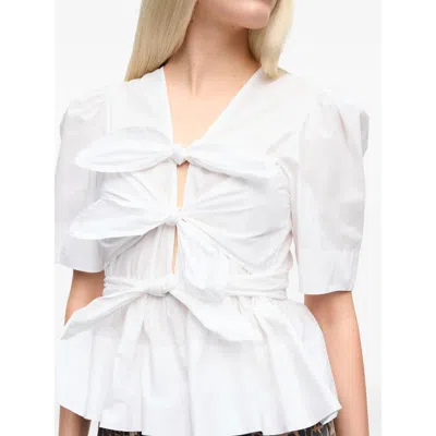 Ganni Tie-front Organic Cotton-poplin Peplum Blouse In White