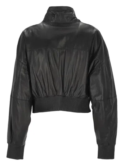 Marella Ruffled Stand-collar Leather Bomber Jacket In Black