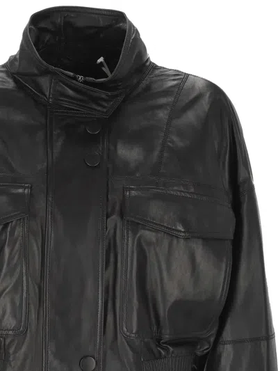 Marella Ruffled Stand-collar Leather Bomber Jacket In Black