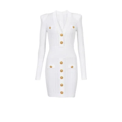 Balmain Short Eco-designed Knit Dress With Gold-tone Buttons In White
