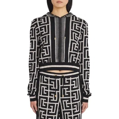 Balmain Monogram Drawstring Hoodie In Black