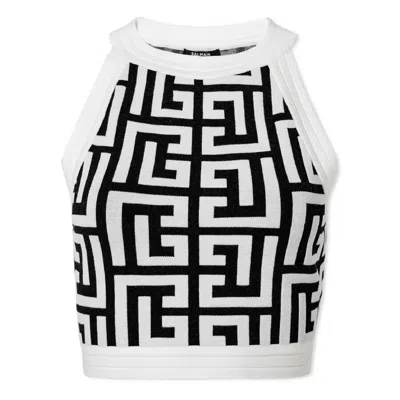 Balmain Sleeveless Monogram Knit Crop Top In Multi