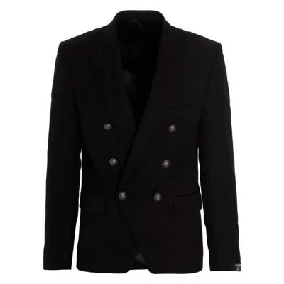 Balmain Double Breasted Tailored Wool Jacket In Black