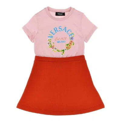 Young Versace Short Sleeve Floral Cotton Dress In Pink