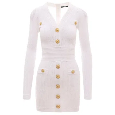 Balmain V Neck Knitted Dress In White