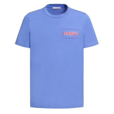 Marni Logo Label Crewneck Cotton T-shirt In Blue