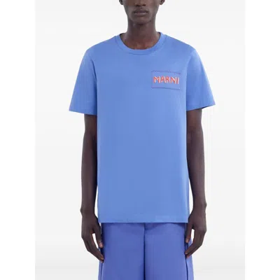 Marni Logo Label Crewneck Cotton T-shirt In Blue