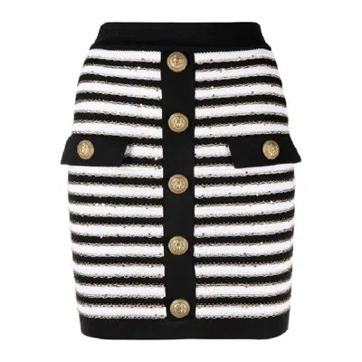 Balmain Button-embellished Metallic Striped Knitted Mini Skirt In Multi