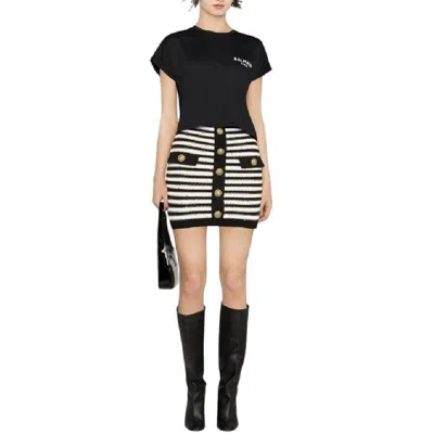 Balmain Button-embellished Metallic Striped Knitted Mini Skirt In Multi