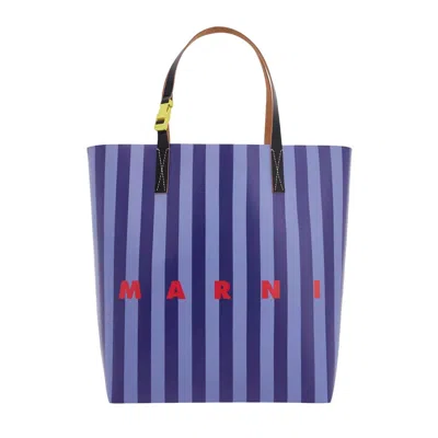 Marni Logo Stripe Tribeca Shopping Bag In Blue
