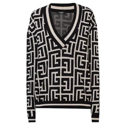 Balmain V Neck Monogram Wool Cardigan In Multi