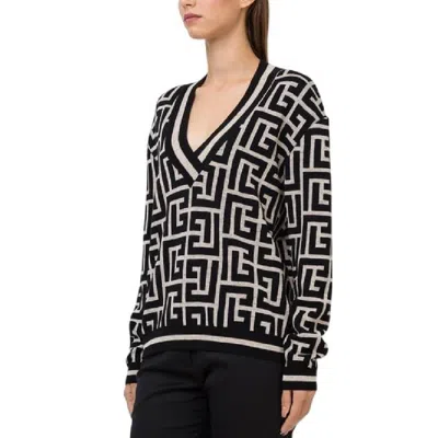 Balmain V Neck Monogram Wool Cardigan In Multi