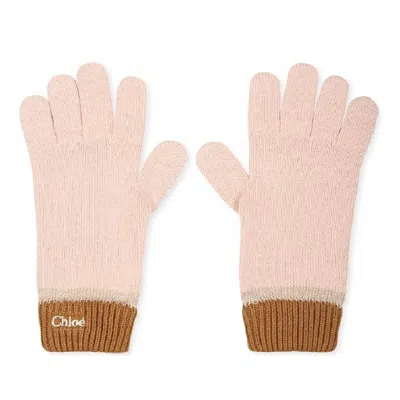 Chloé Chloe Kids Logo Embossed Knit Gloves In Pink