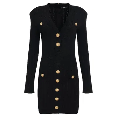 Balmain Short Knitted Dress With Gold Buttons In Black
