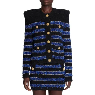 Balmain Stripe Pattern Tweed Jacket In Black