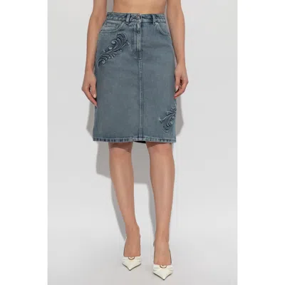 Versace Barocco Denim A-line Midi Skirt In Bleu