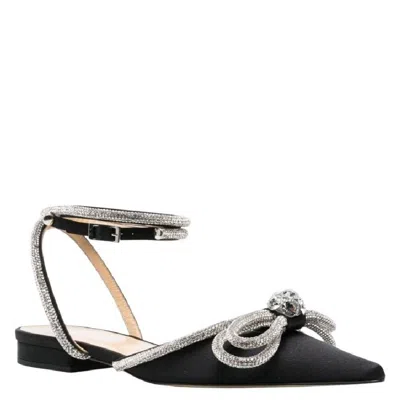 Mach&mach Double Bow Embellished Pointed Toe Ballerinas In Black
