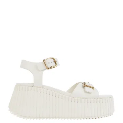 Chloé Chloe Nama Leather Wedge Sandals In White
