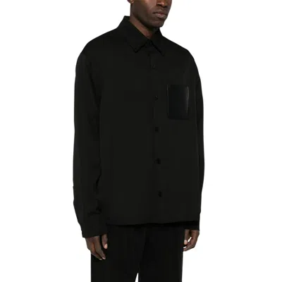 Balmain Men Black Shirt With Classic Collar And Logo Detail On The Pocket In Wool Stretch Man In Black