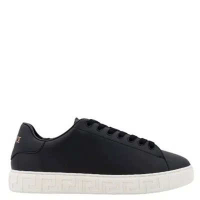 Versace Leather Sneakers With La Greca Detail In Black