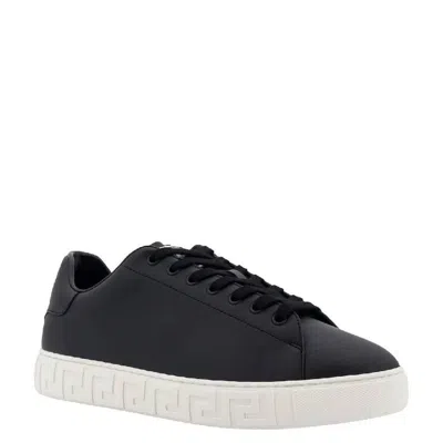 Versace Leather Sneakers With La Greca Detail In Black