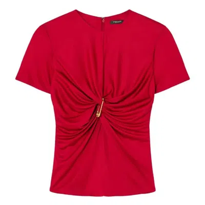 Versace Safety Pin Gathered Viscose Top In Red