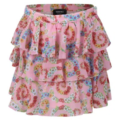 Young Versace Kids Barocco Floral Ruffle Skirt In Pink