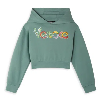 Young Versace Kids Floral Logo Embroidered Cotton Hoodie In Green