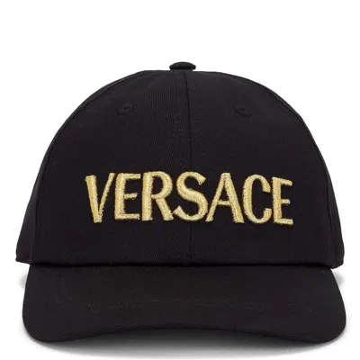 Versace Cotton Baseball Cap With Gold Embroidery In Black